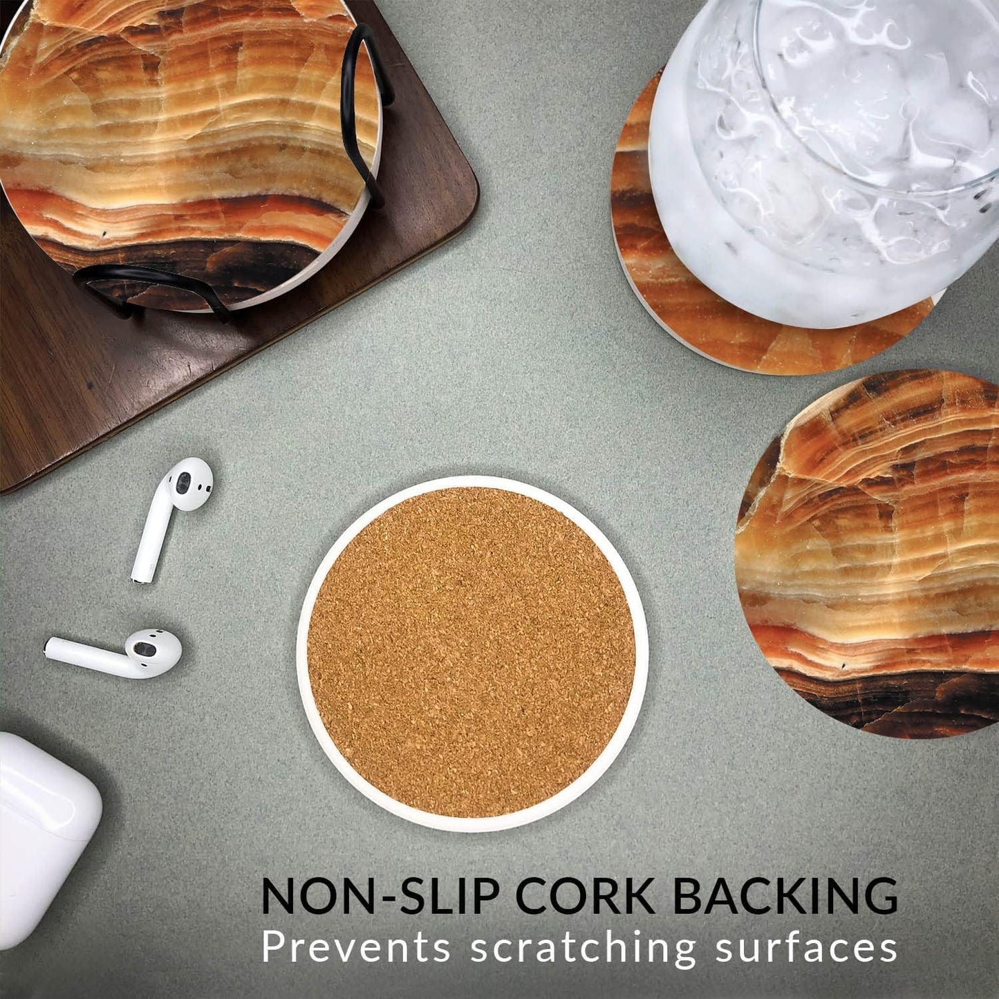 Emerson Essentials Coasters for Drinks Absorbent with Holder, Set of 6, Cork Bottom Ceramic Stone Modern Marble Style for Wooden Coffee Bar Tables, Glass Tabletop Non Slip, Housewarming