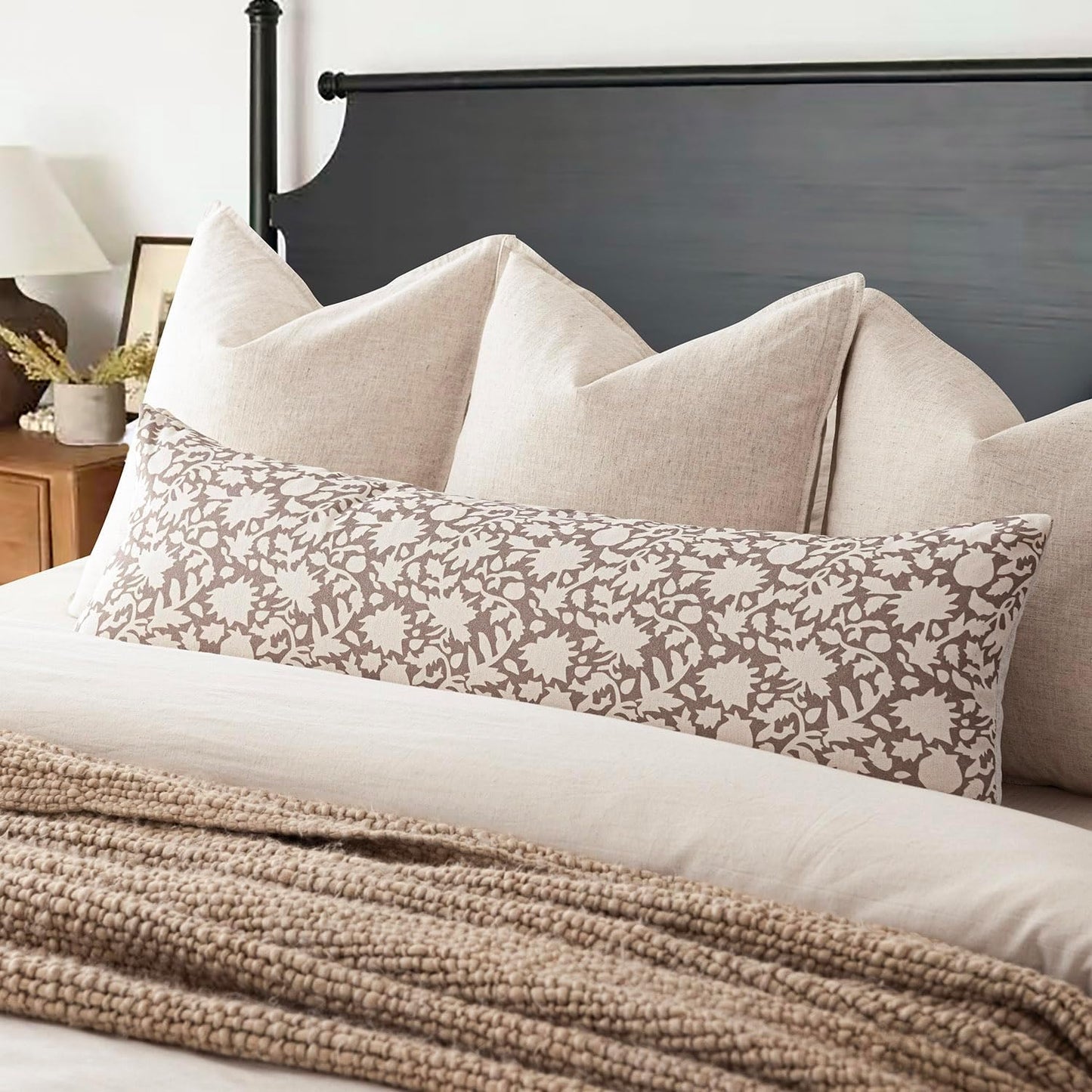 Foindtower Set of 2 Decorative Floral Long Body Lumbar Throw Pillow Covers Neutral Farmhouse Cushion Covers Boho Vintage Pillowcase For Couch Sofa Bedroom Living Room Home Decor Outdoor,14×36 Inch,Tan