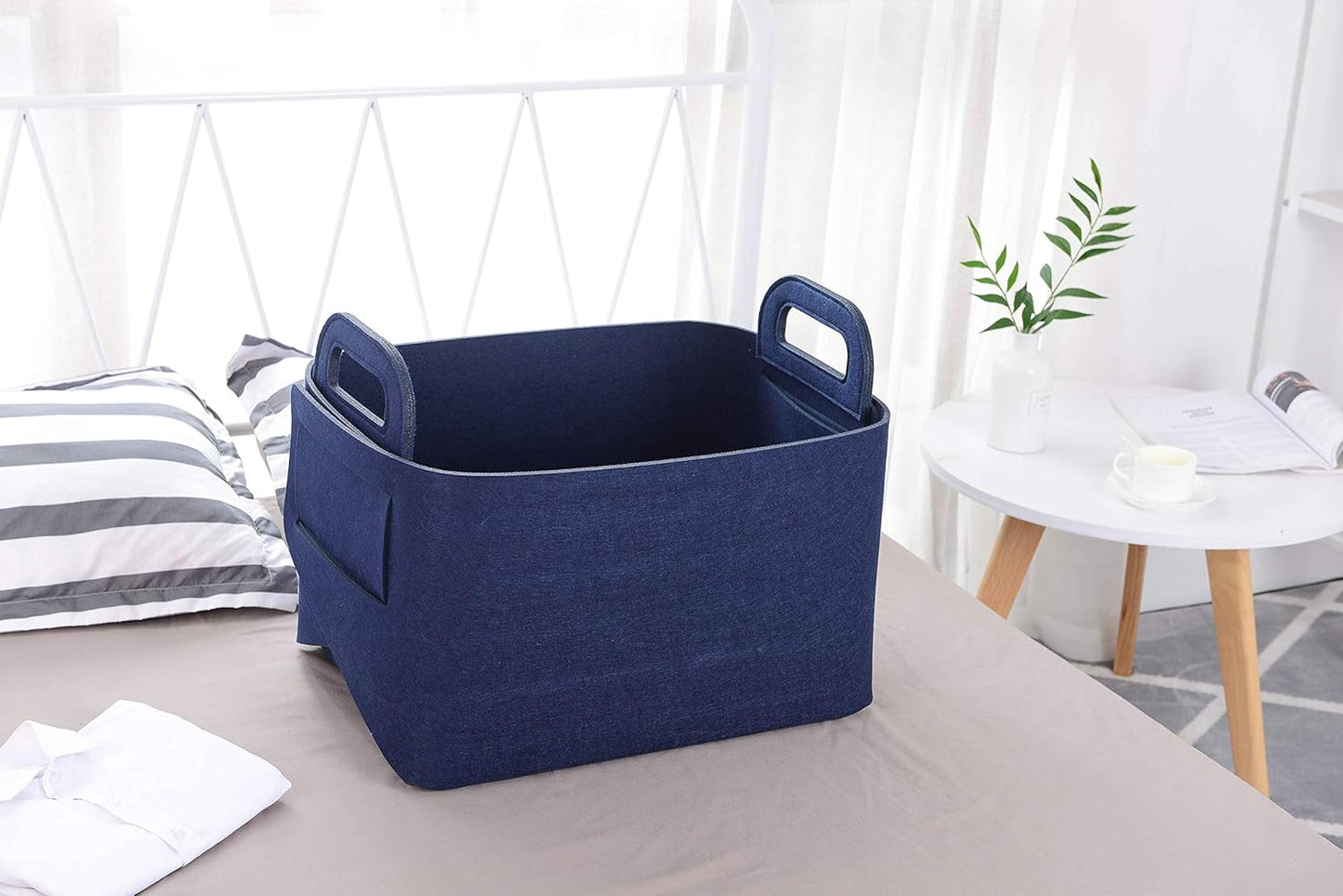 Storage Basket Felt Storage Bin Collapsible& Convenient Box Organizer with Carry Handles for Office Bedroom Closet Babies Nursery Toys Laundry (Navy Blue, 19.9inch（L）×13.6inch（W）×12.6inch（H）)