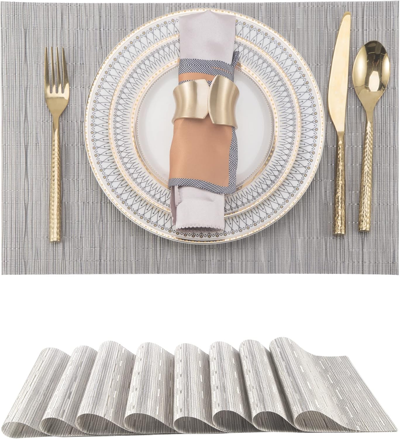 Sliver Placemats Set of 8 - Easy Clean Modern Durable Washable Vinyl Place Mats - Heat Resistant Placemats for Kitchen Table - PVC Table Mats for Dining Table (Sliver, 8)