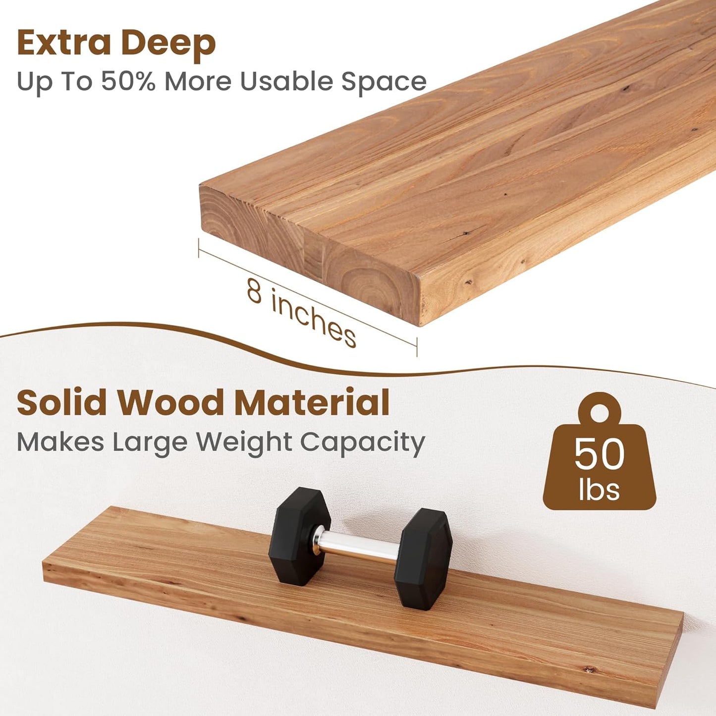 Floating Shelves for Wall Decor, 8" Deep Rustic Solid Elm Wood Floating Shelves Wall Mounted, Wall Shelves with Invisible Bracket for Living Room Bathroom Bedroom Kitchen, 36 Inch Set of 2, Natural