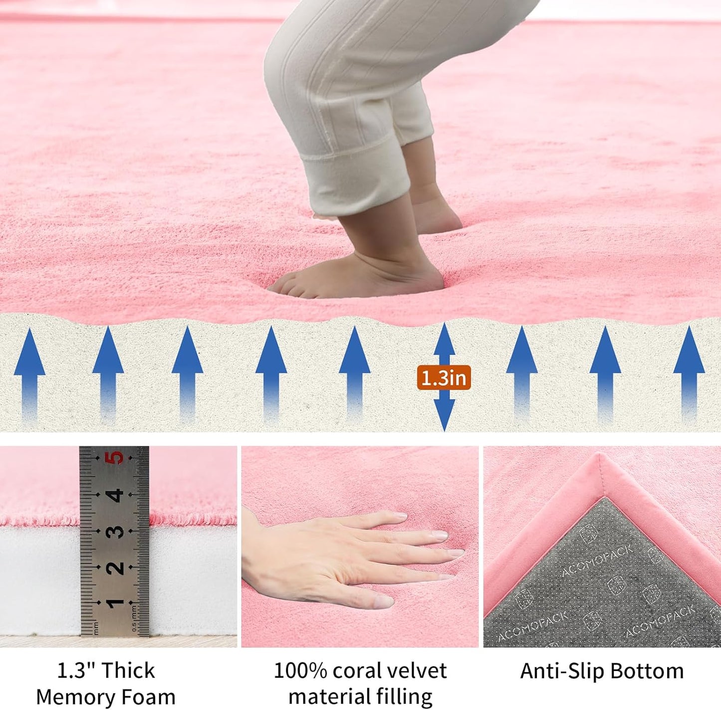 ACOMOPACK Baby Play Mat for Floor,1.3" Thick Memory Foam Area Rug for Living Room,Soft Velvet Crawling with Non-Slip Bottom for Kid,Toddler,79"×118" Tummy Time Nursery Rugs,Yoga（Pink）