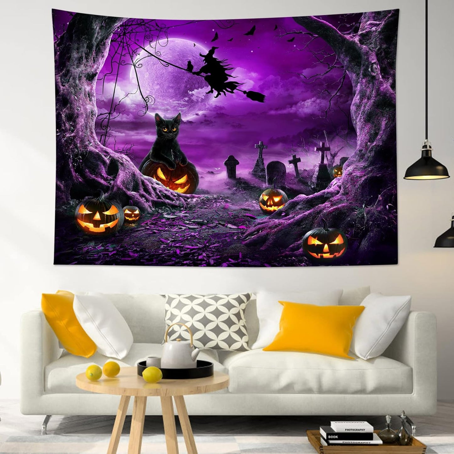 LB Halloween Wall Tapestry - Horror Witch Cat, Dead Tree, Pumpkin Lights With Spooky Graveyard - Purple Full Moon Over Misty Forest for Bedroom Living Room Dorm 48x36 Inch
