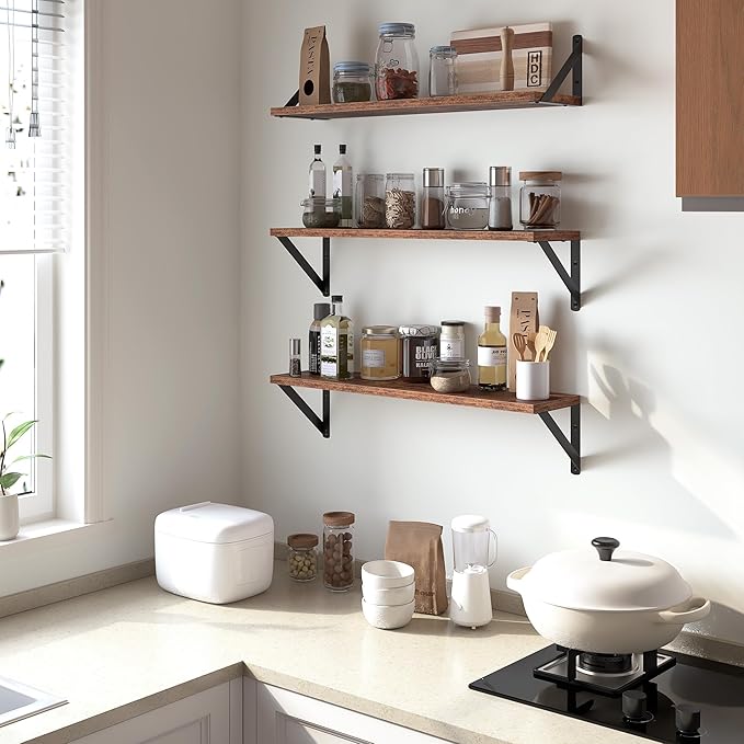 Heimlove Floating Shelves for Wall, 24 Inch Long Wood Floating Shelves Set of 3, Wall Mounted Hanging Shelf for Bathroom Bedroom Kitchen, Rustic Brown