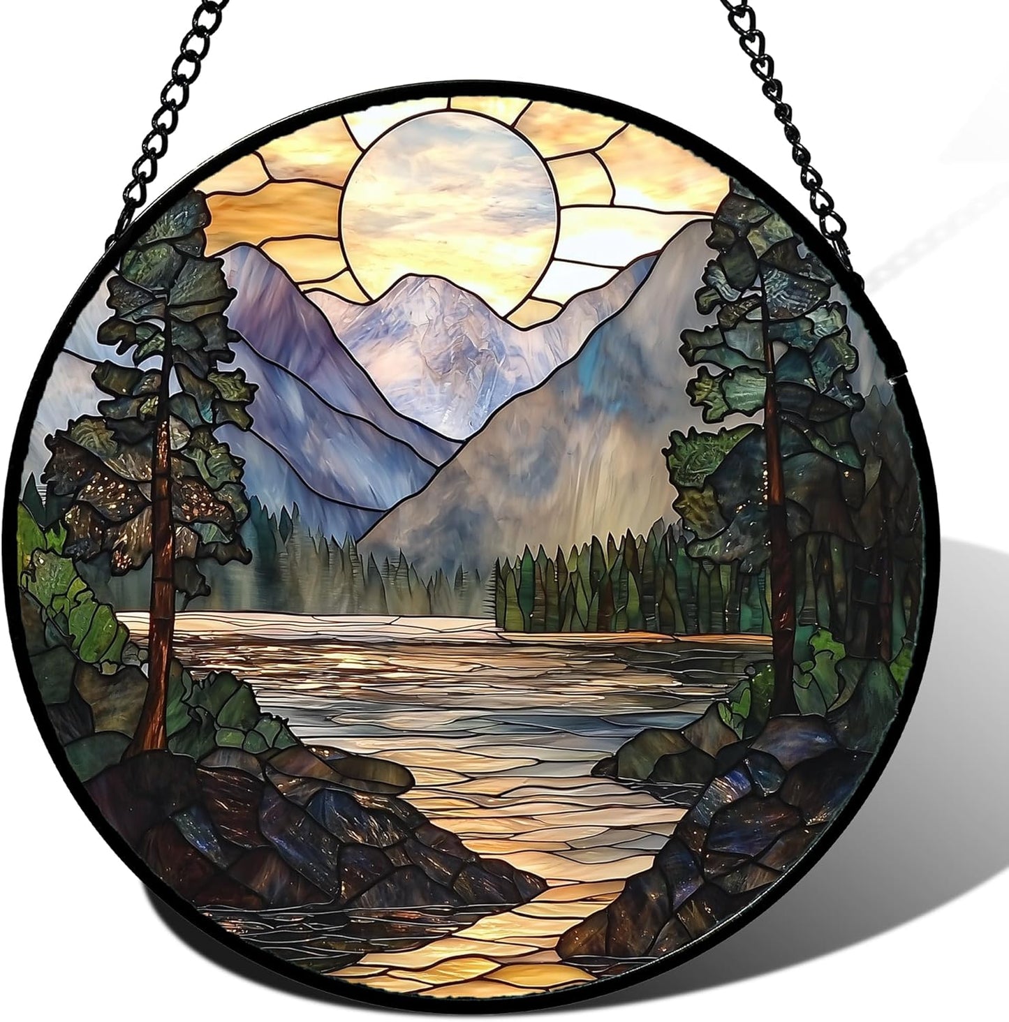 Stained Glass Window Hanging, Sunset Mountains Lake Tree Sun Catcher for Window Home Decor Landscape Suncatcher Mother's Day Birthday Gifts for Women Men Mom and Nana 7.8 in