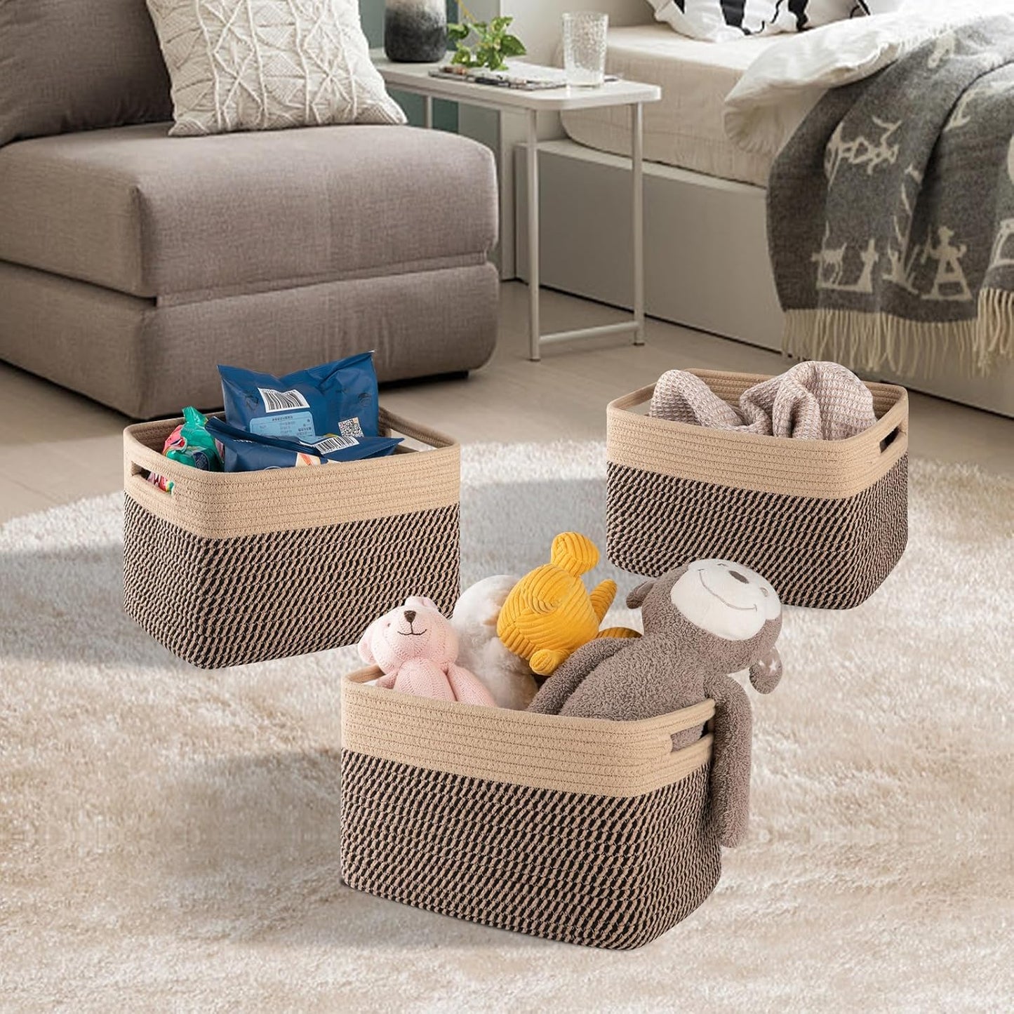 4 Pack Storage Baskets for Organizing, Woven Baskets for Shelves - Perfect for Toys, Books, Towels, and Clothes, Durable Gift Basket Bins Toy Storage, 13''L x9''W x7.8''H, Black and Brown