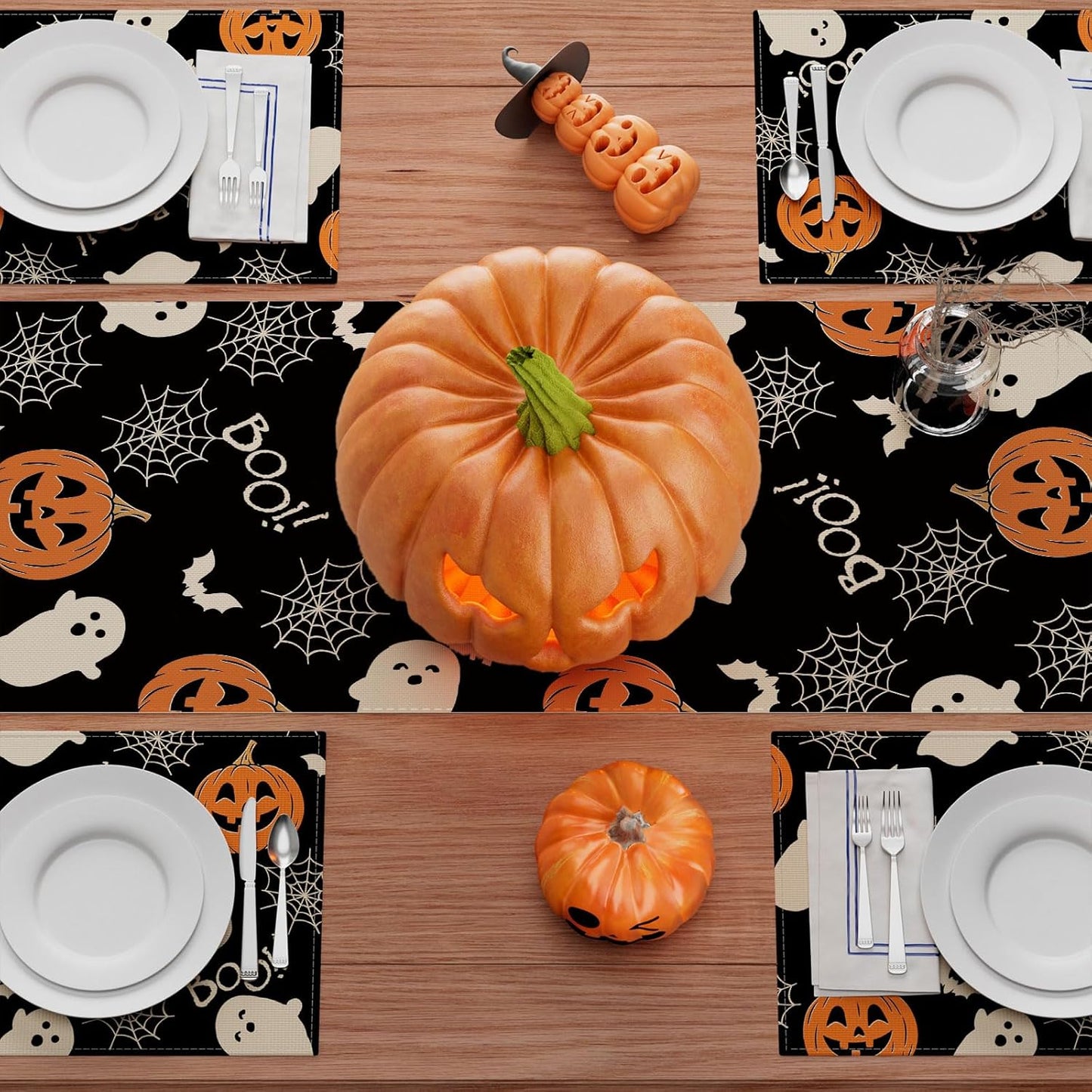 XCHI Boo Spooky Ghost Pumpkin Halloween Table Runner Burlap Table Decoration for Home Kitchen Dining Dinner Indoor Holiday Farmhouse Decor 13x72 Inch