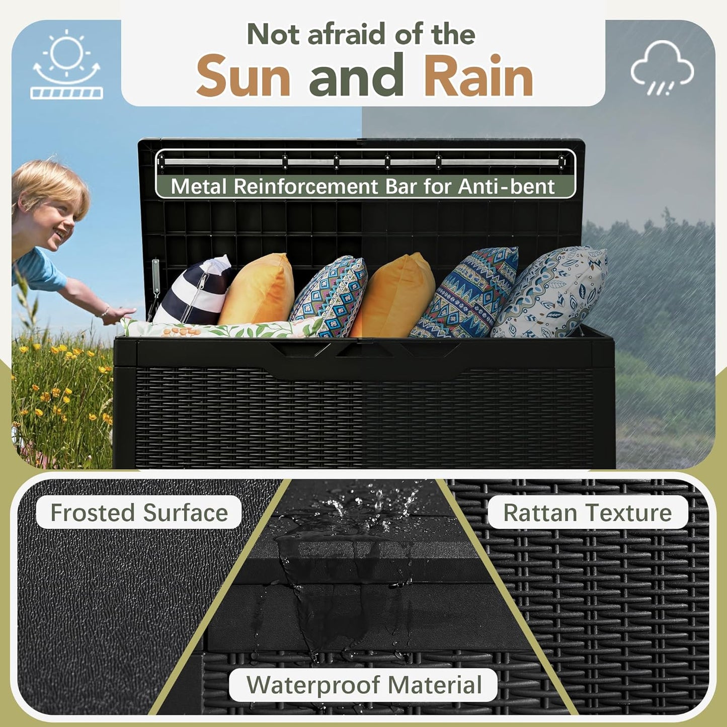 Flamaker Deck Box with Cushion 100 Gallon Waterproof Resin Storage Box with Air Rod Indoor Outdoor Lockable Storage Bench for Patio Furniture, Tools, Pool Accessories (Black)