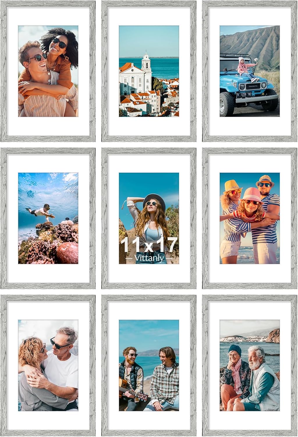 Vittanly 11x17 Picture Frames Set of 9, Shatter Resistant Plexiglass, Display 8x12 Pictures with Mat or 11x17 without Mat, Photo Frames for Wall Mount, Engineered Wood, Grey