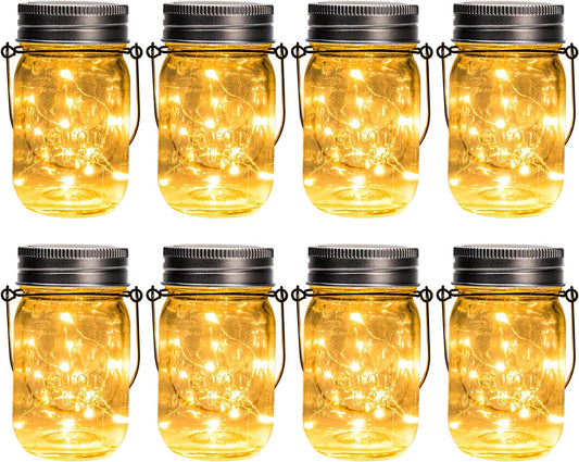 GIGALUMI Solar Mason Jar Lights, 8 Pack 30 Led String Fairy Lights Garden Lights Outdoor Waterproof Hanging Solar Lanterns for Outdoor, Garden, Patio, Lawn, Balcony Decoration