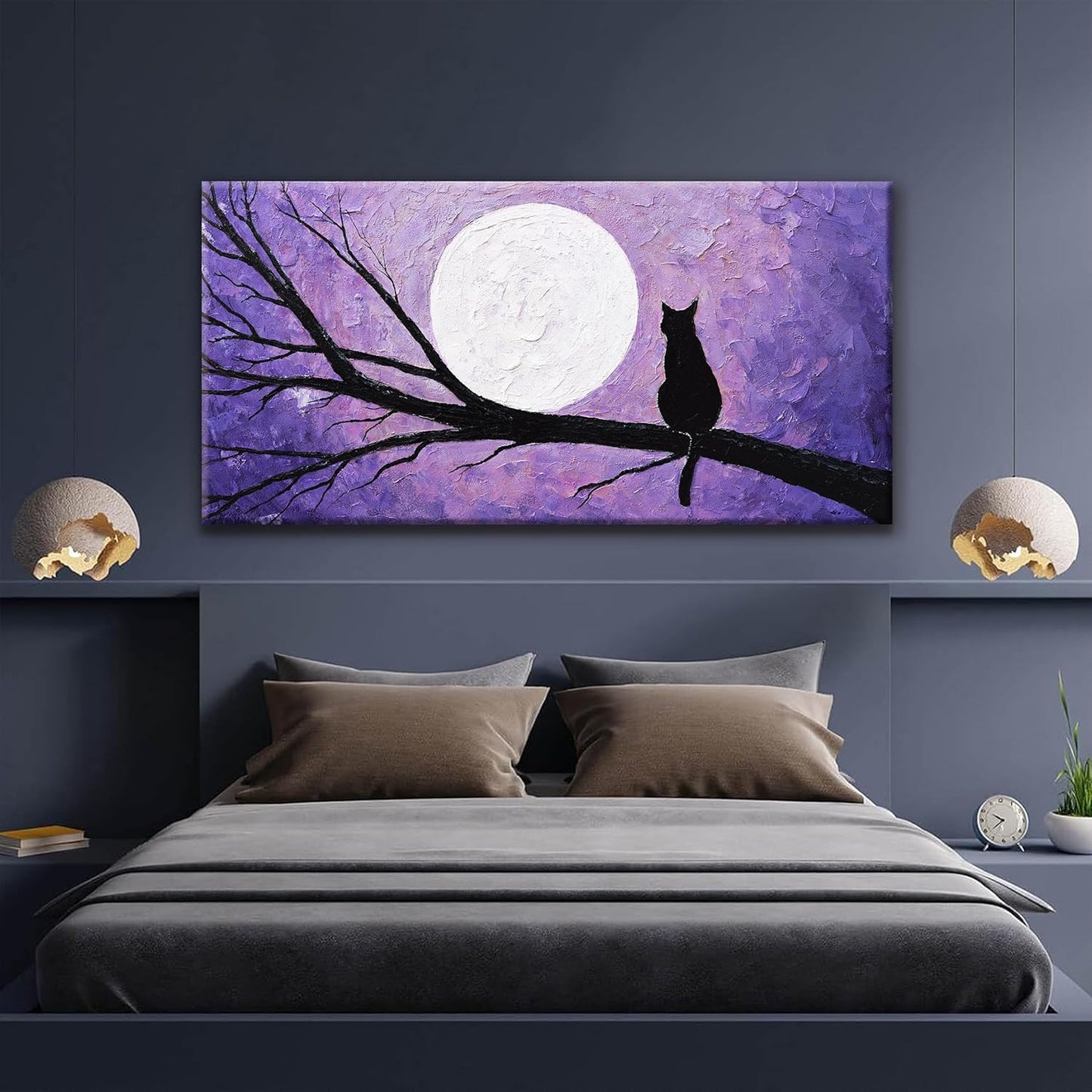 QSQ Cat Wall Art Prints Painting Canvas Art Wall Decor Funny Monet Cat Under The Moonlight Abstract Wall Art Posters Picture For Bedroom Living Room Office Home Decor 24" × 48" Ready To Hang