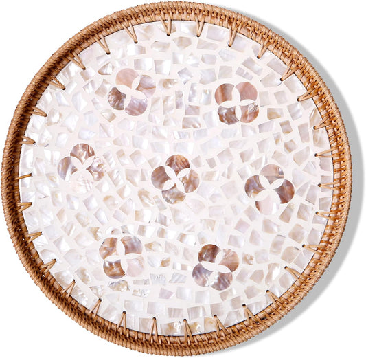 Round Rattan Tray with Mother of Pearl Inlay & Wooden Base - Decorative Wicker Serving Tray for Coffee/Bread/Fruits, Food Storage & Display - Multipurpose Home Decor (M,Four-Petal Flower)