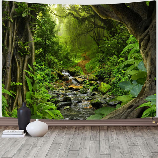 AMM Green Rainforest Tapestry Nature Forest Tapestry for Bedroom Aesthetic Misty Tropical Jungle Trees Flowing Stream Landscape Tapestries Wall Hanging for Living Room Dorm 48 x 36 Inch