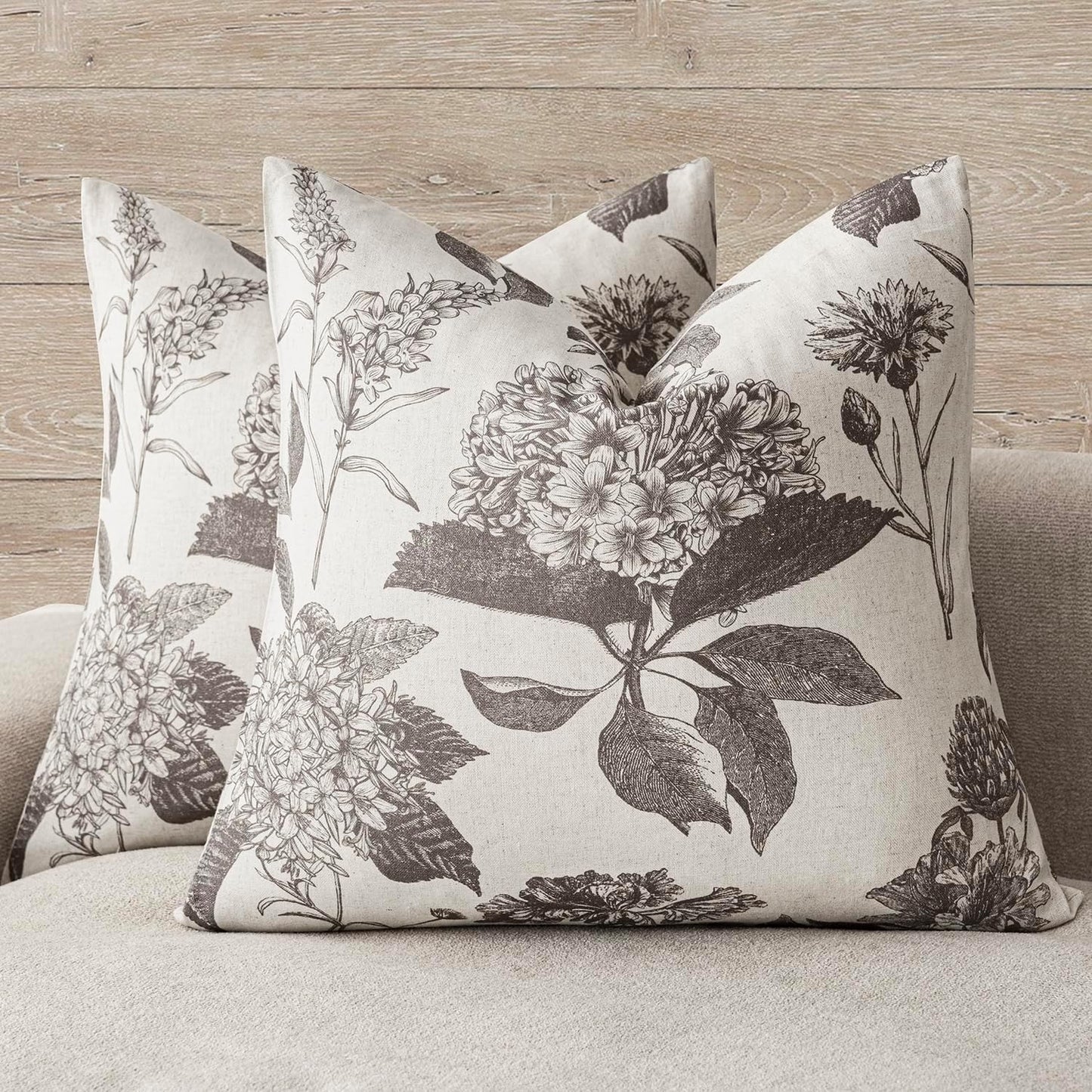 Foindtower Set of 2 Linen Floral Throw Pillow Covers Vintage Accent Print Decorative Cushion Covers Farmhouse Boho Home Decor for Sofa Chair Couch Bedroom Living Room Outdoor,24×24 Inch,Light Gray