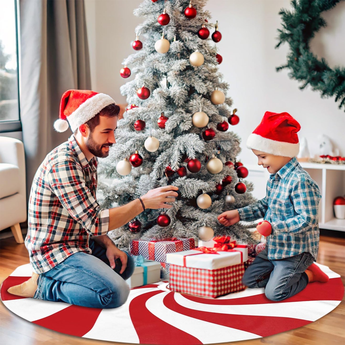 36" Large Christmas Tree Skirt, Red and White Peppermint Candy Round Pattern Tree Mat Base Cover for Xmas Festive Holiday Party Decoration Ornaments