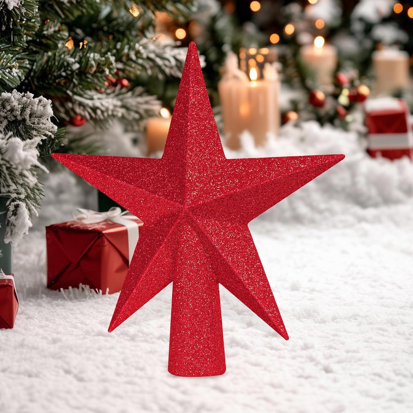 Star Tree Topper, 6" Red Christmas Tee Topper Decorations, Glitter 3D Xmas Bethlehem Star Waterproof Shatter-Proof, Christmas Tree Topper Ornament Decor for Christmas Holiday Party Indoor Outdoor Use