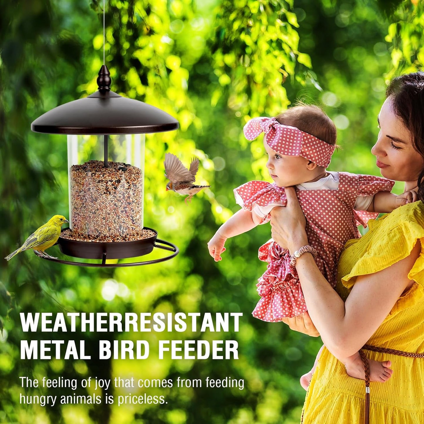 Metal Bird Feeder for Outdoors Hanging,3.0LB Seed Feeder,Easy to Fill & Clean,360° Feeding,Weatherproof Roof for Gardens and Wild Birds,Brown