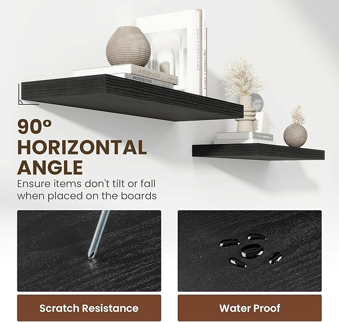 24 Inch Floating Shelves, 11.6 Inch Deep Floating Shelves for Wall, Floating Shelf with Invisible Brackets, Deep Shelves for Bathroom, Bedroom, Living Room, 2 Pack, Black