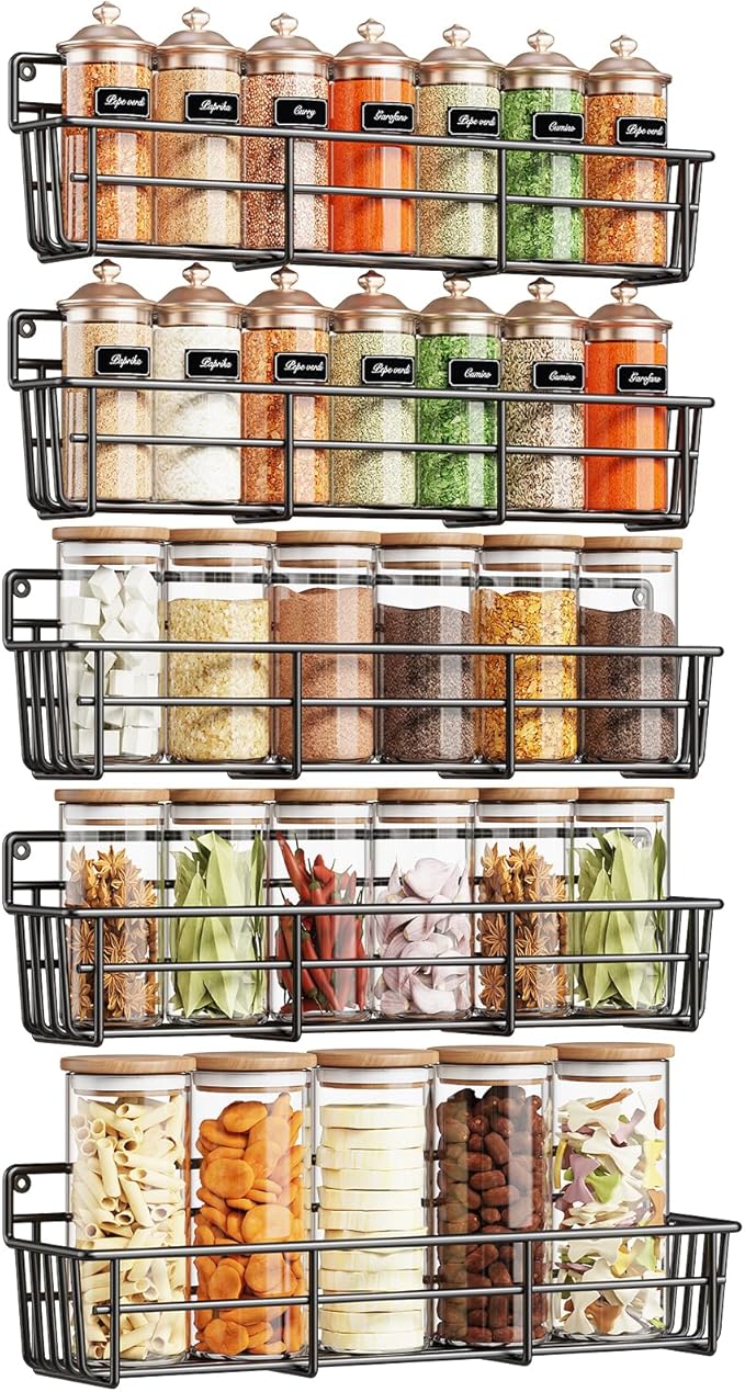 5 Pack Spice Rack Seasoning Organizer Wall Mount, Screw or Adhesive Hanging Shelf Basket Spice Organizer Shelf for Kitchen, Black