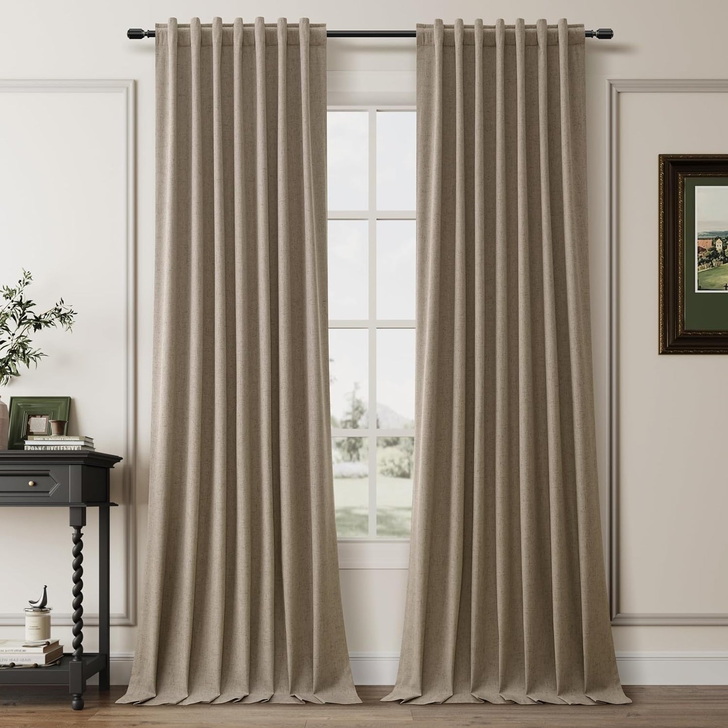 BOODII Full Blackout Curtains 90 Inches Long Room Darkening Curtain for Bedroom Sliding Door Thermal Insulated Black Out Curtains & Drapes Matcha Brown Neutral Linen 2 Panels Set Back Tab 52x90
