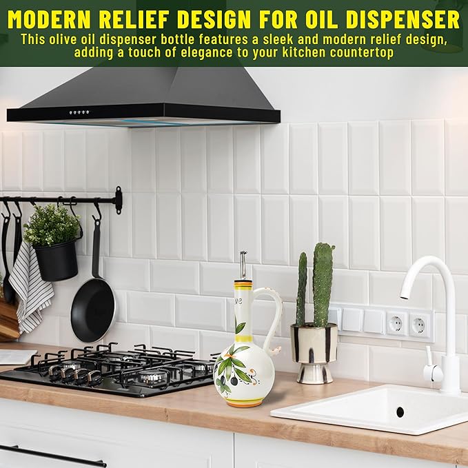 Hand-Painted Ceramic Olive Oil Dispenser Bottle – 15oz Decorative Stoneware Cruet with Stainless Steel Spout for Oil, Vinegar, Syrups, and Sauces