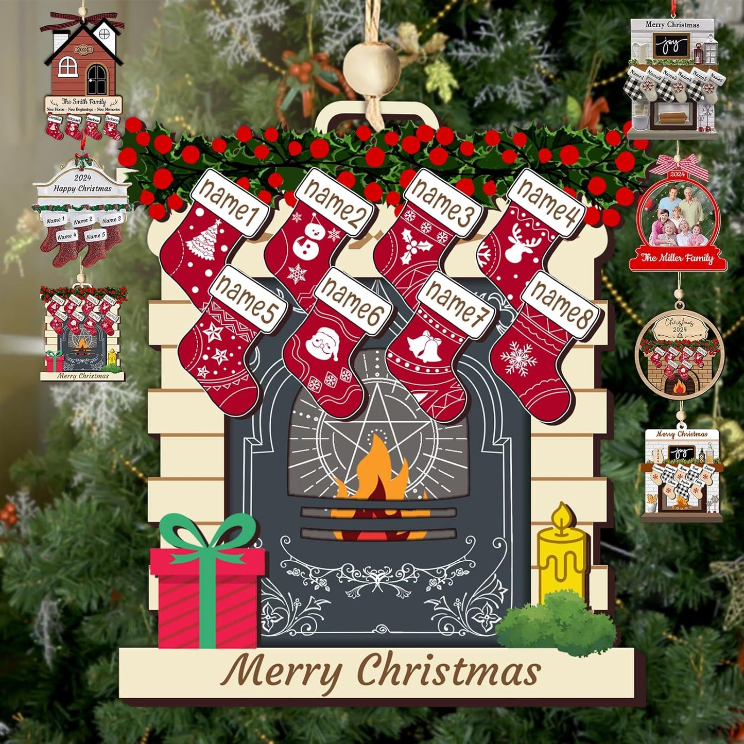 Personalized Christmas Ornaments with Names of 2/3/4/5/6/7/8 Custom Family Ornament Customized Xmas Tree Hanging Wood Decoration Gift Red Fireplace