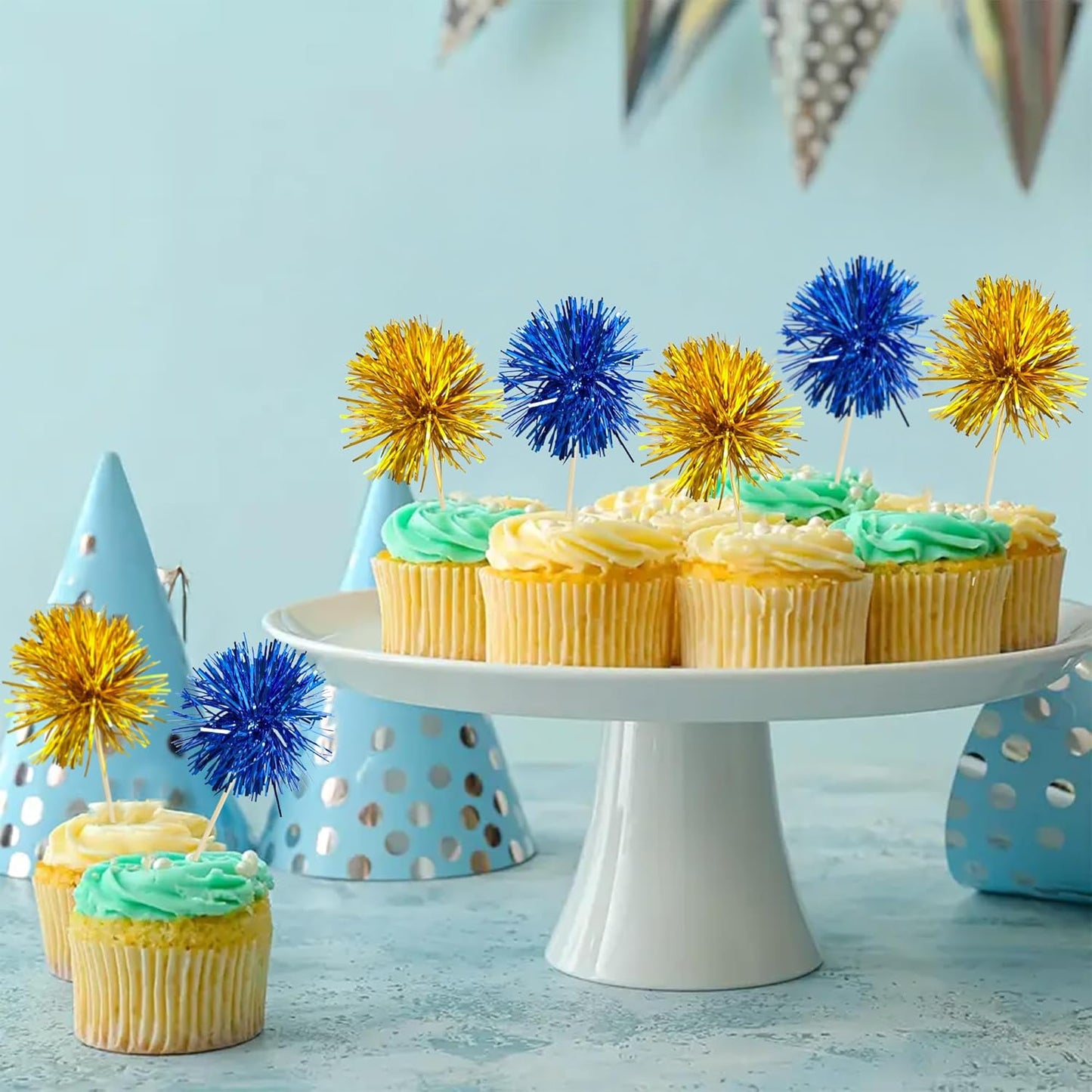 Ephlyn 30Pcs Foil Firework Cupcake Toppers Sparkles Fireworks Sticks Birthday Decorations Sparkle Tinsel Cocktail Fruit Toothpick for Birthday Wedding Graduation Party Cake Decorations Dark Blue Gold