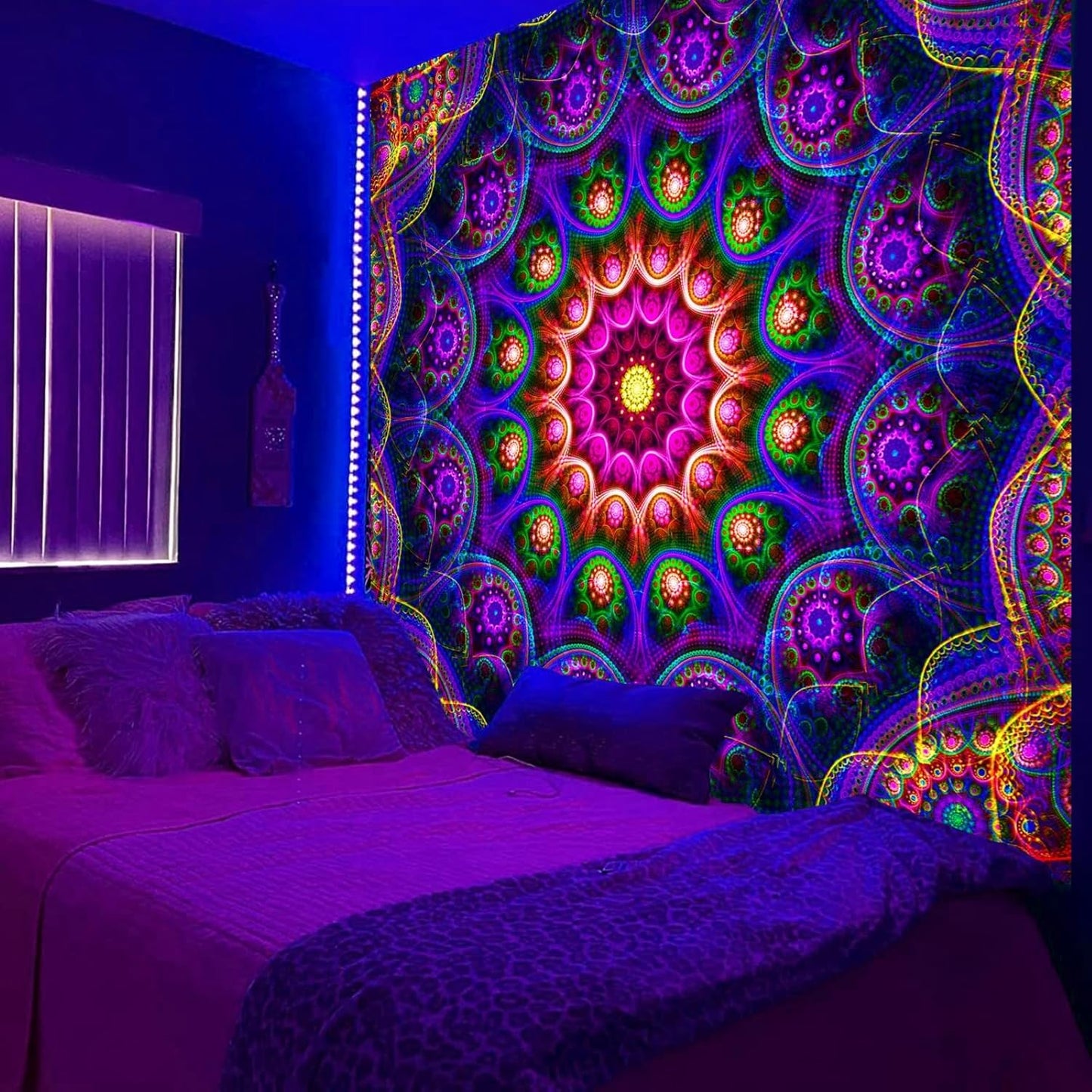 Blacklight Trippy Mandala Tapestry, Boho Black Light Posters for Adults UV Reactive Room Decor for Bedroom Wall (90 x 70 Inches)