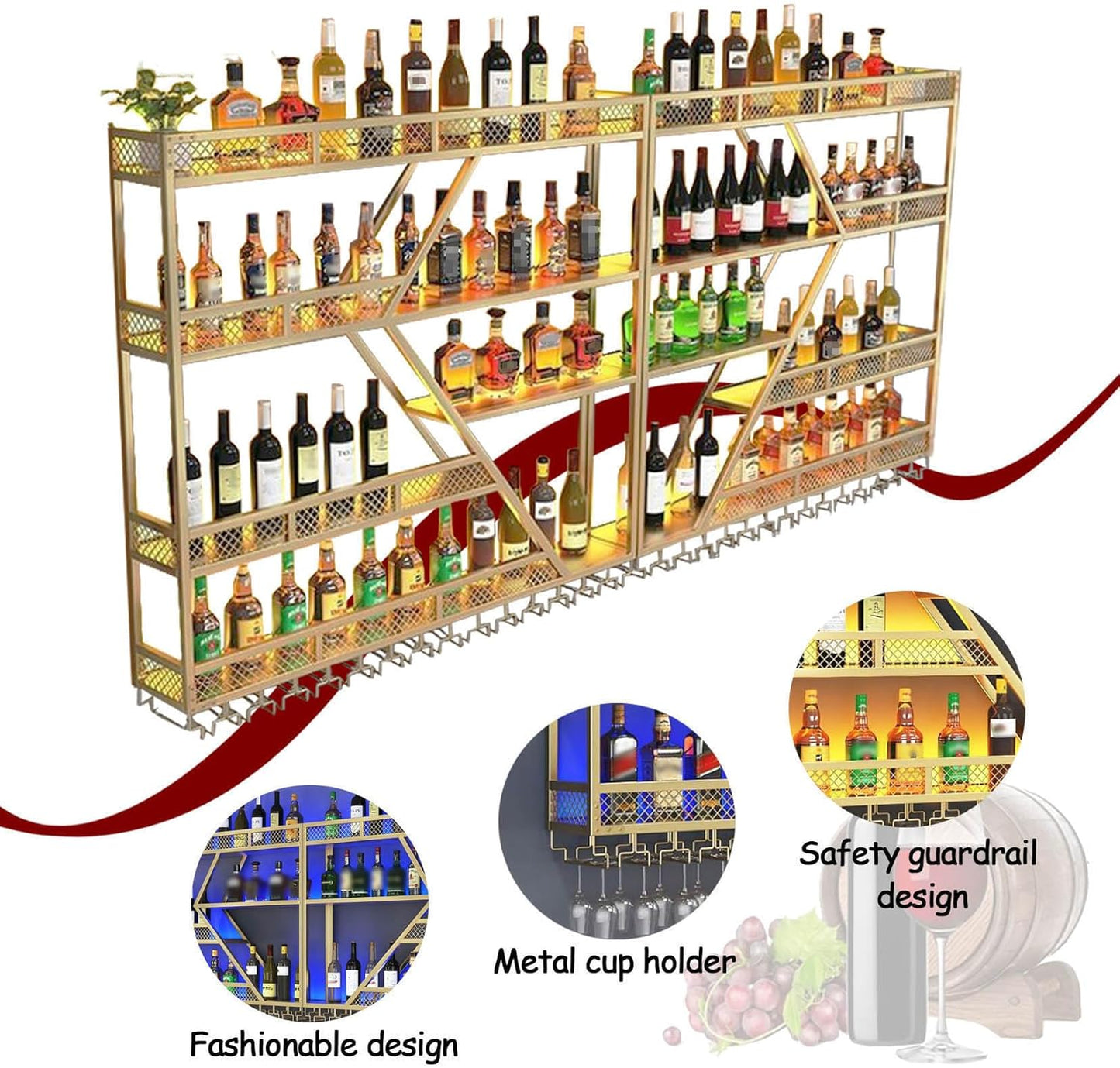 Wall Mounted Wine Rack with Glass Holder, 3-Tier Metal Storage Shelf, Black Diamond Design, Wine Bottle Display with Stemware Storage (Black, 63in/160cm)