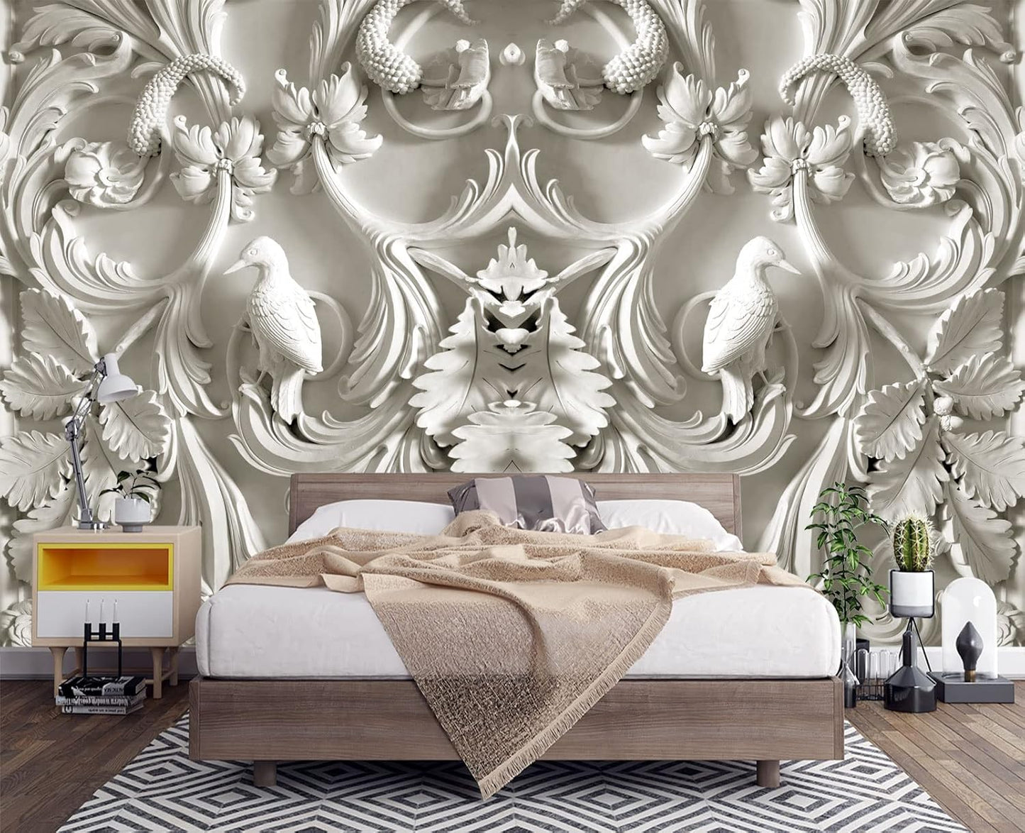 White Gypsum Art Wall Mural Wallpaper for Bedroom 103" x 69"