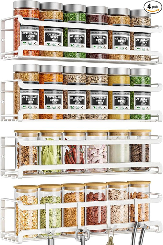 Spice Rack wall mounted 4 Pack, Space-Saving Spice Organizer for Spice Jars and Seasonings,Screw or Adhesive Hanging Spice Rack Organizer for Your Kitchen Cabinet,or Pantry Door,White
