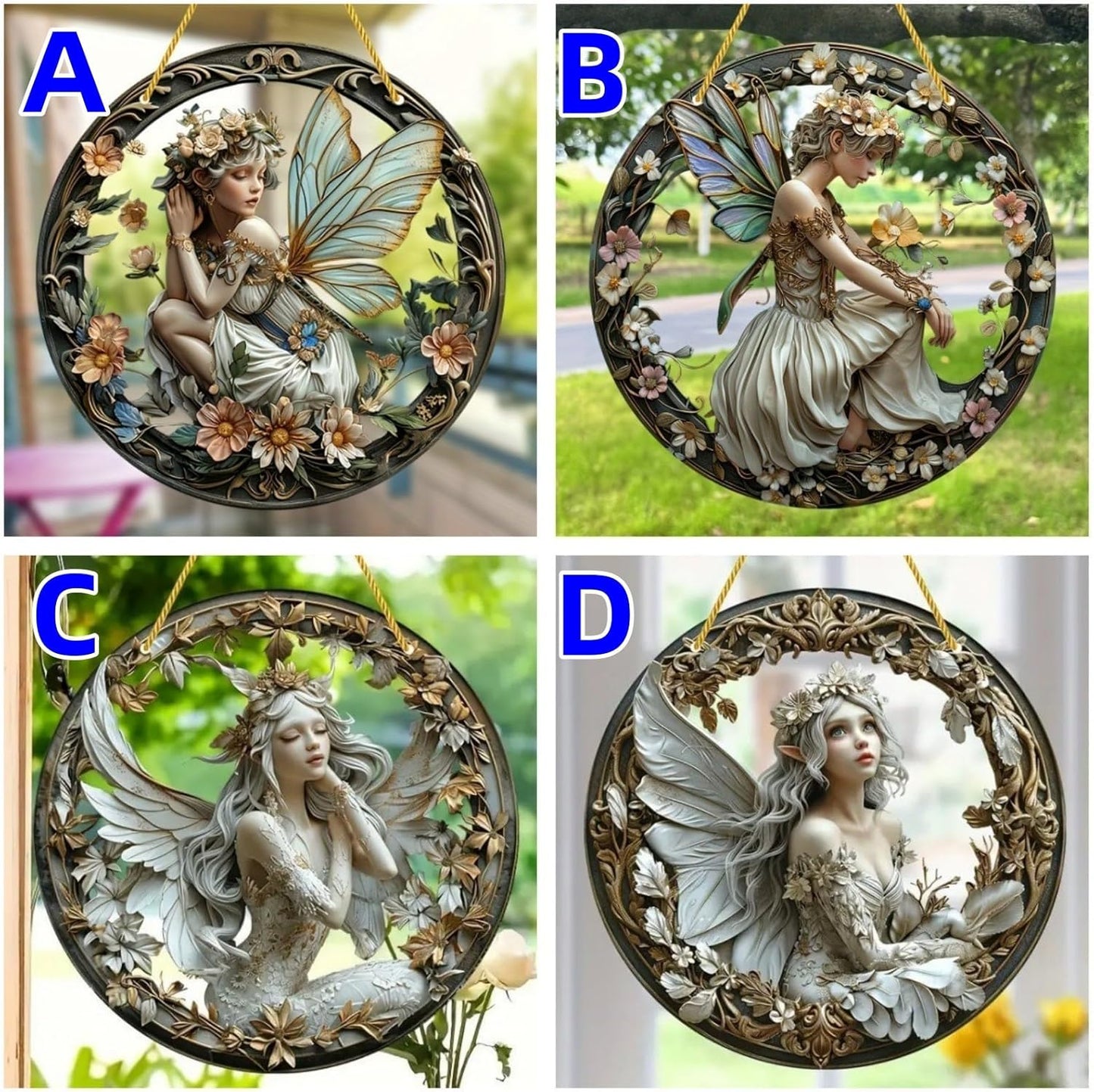 Flower Fairy Garden Decorations Angel Wing Christmas Halloween Deco Statue Art Elf Sculpture Hanging Craft for Outdoor Yard Courtyard Lawn Patio Window Acrylic Ornament Home Gift (C,L: 8*8 IN)