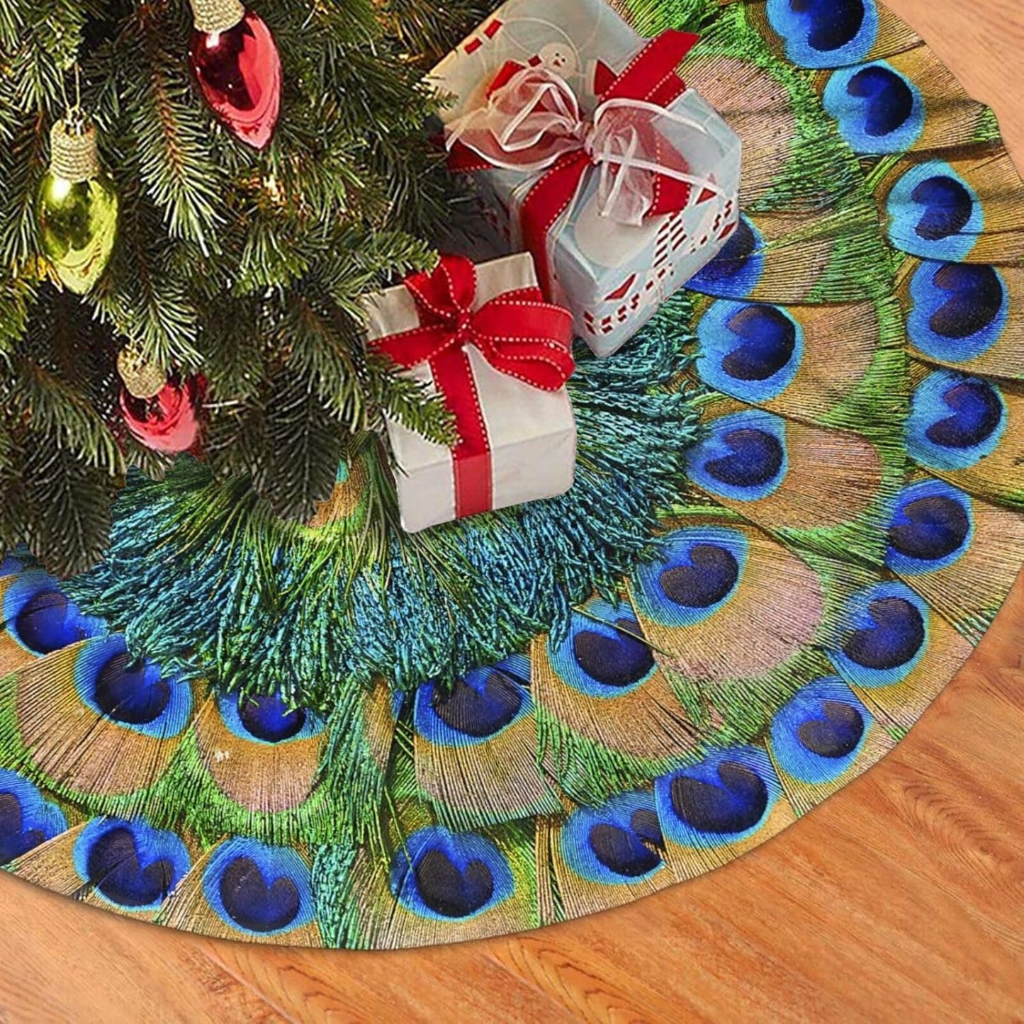 Christmas Tree Skirt,Peacock Feathers Circle Xmas Tree Skirt Rustic Farmhouse Tree Skirt for Christmas Decor Xmas Holiday Home Party Decorations36
