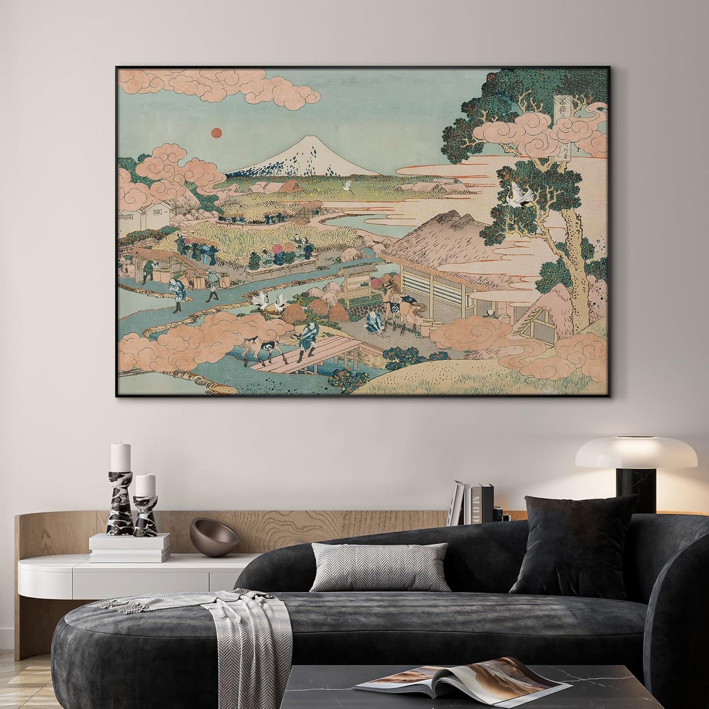 SIGNWIN 46"x72" Extra Large Framed Wall Art Japanese Ukiyo-e Landscape, Timeless Mt. Fuji Scene for Zen-Inspired or Asian-Style Interiors for Home Living Room Bedroom Decor (Frame Assembly Required)