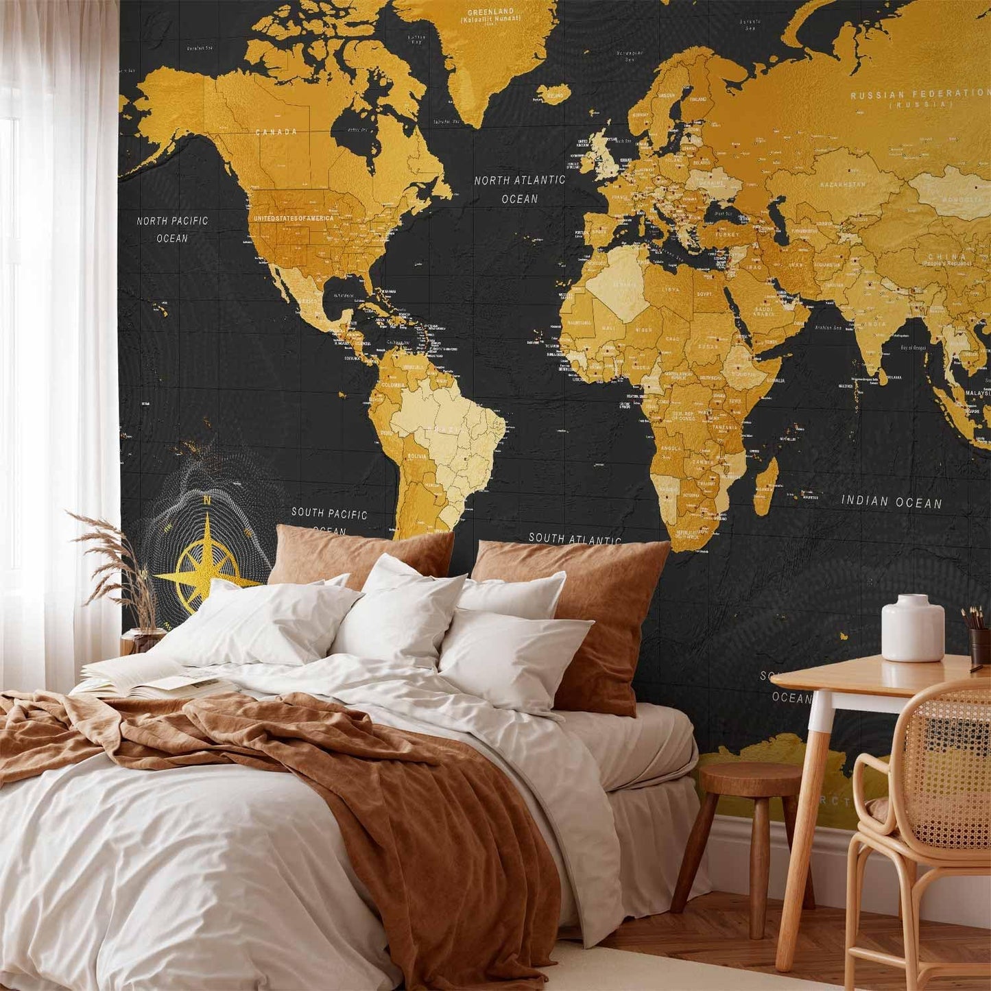 artgeist Premium Wall Mural World Map 197x138 in - Non-Woven Wallpaper Fleece Wall Decor Photo Print Picture Image Design Home Map of The World k-A-0130-a-a
