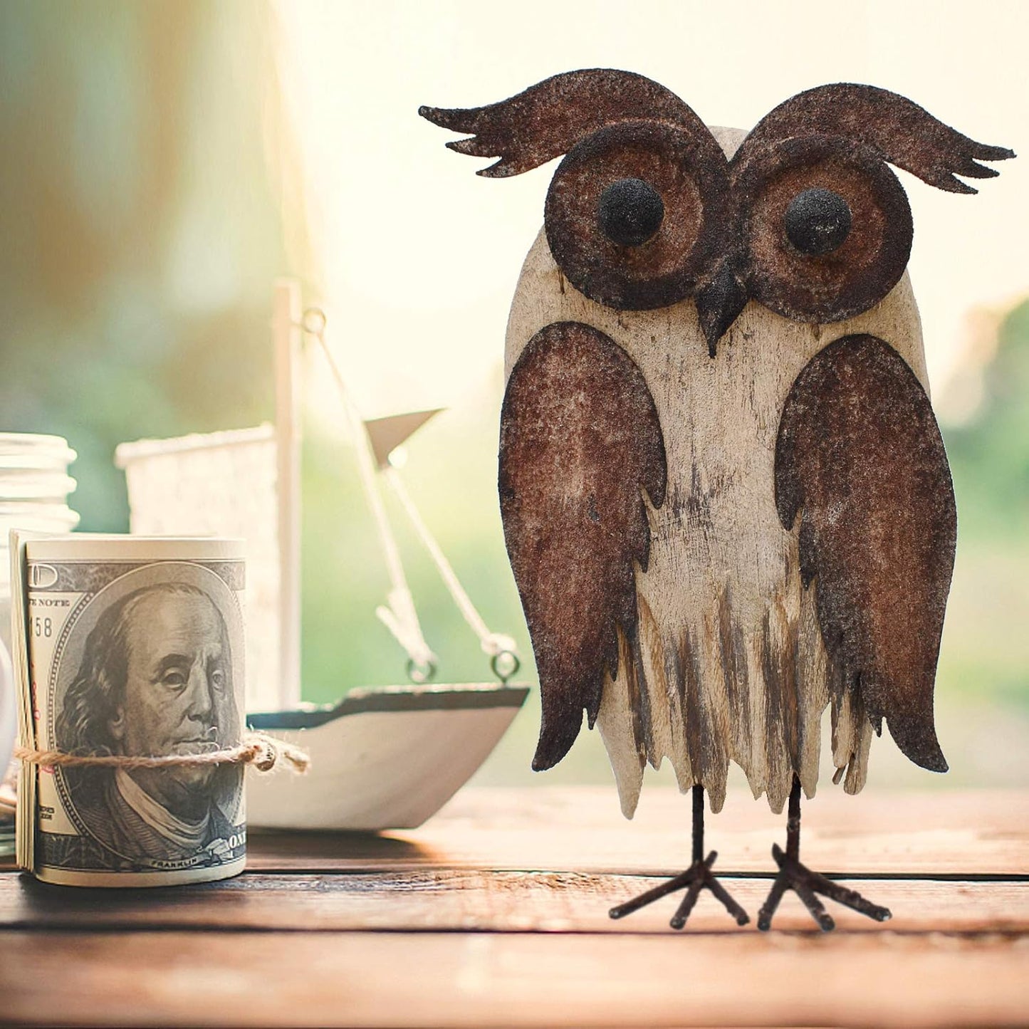 E-View Rustic Owl Figurine - Wood & Iron - Collectible - Home Decor - Brown