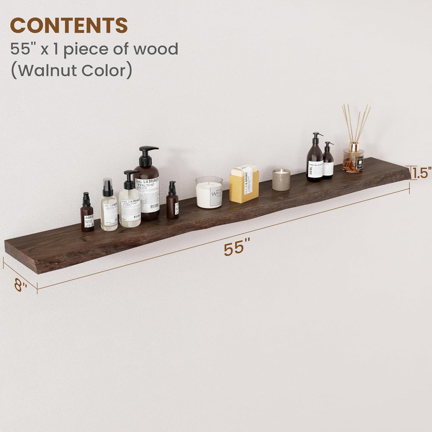 Floating Shelves for Wall Decor, Rustic Solid Elm Wood Floating Shelves Wall Mounted, Wall Shelves with Invisible Bracket for Living Room Bathroom Bedroom Kitchen, 55 Inch, Walnut