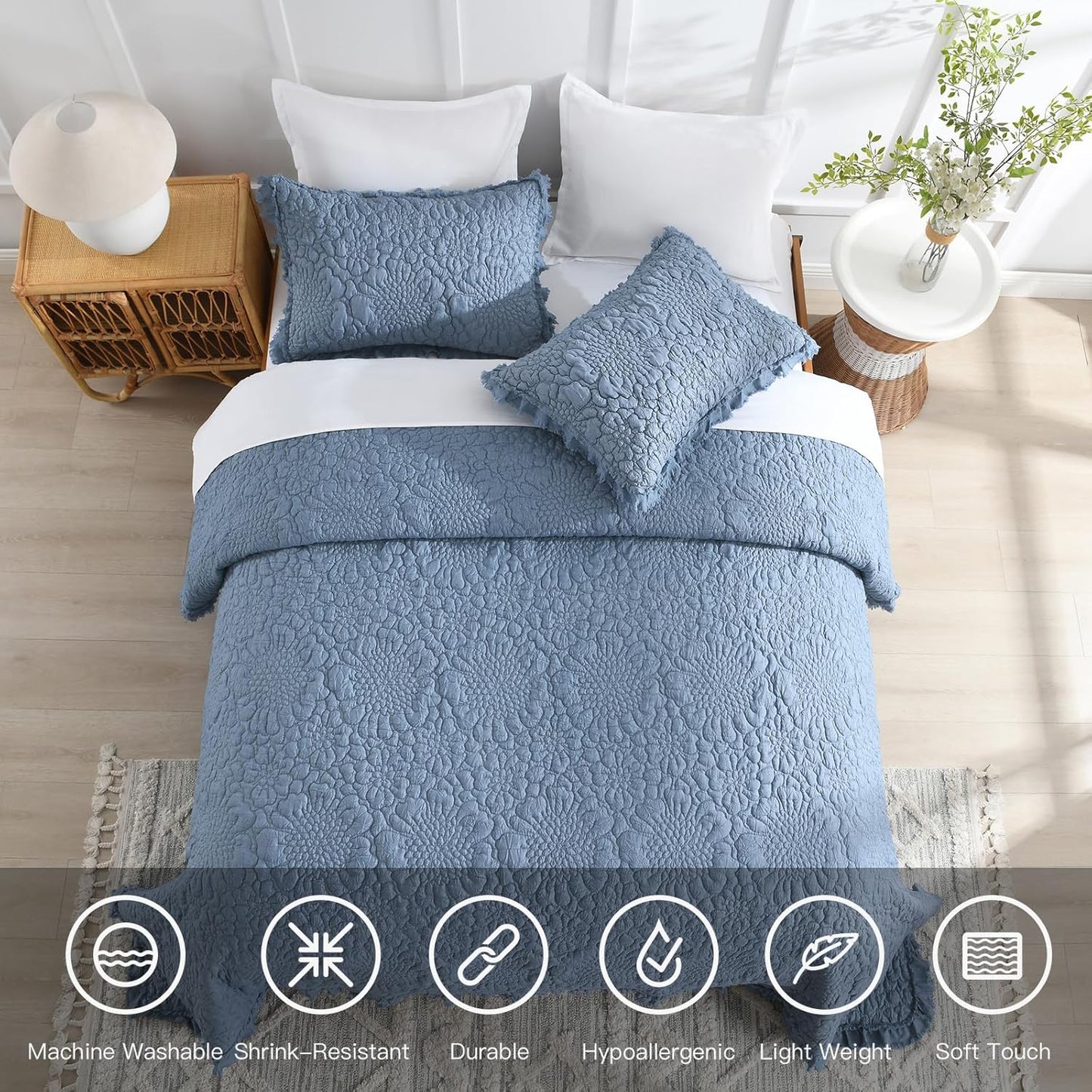 HORIMOTE HOME Blue Ruffled Quilt King Size, Stone-Washed Microfiber Lightweight Crinkled Farmhouse Rustic Shabby Chic Bedding Set, 3 Pieces Reversible Bedspread with Pillow Shams for All Season