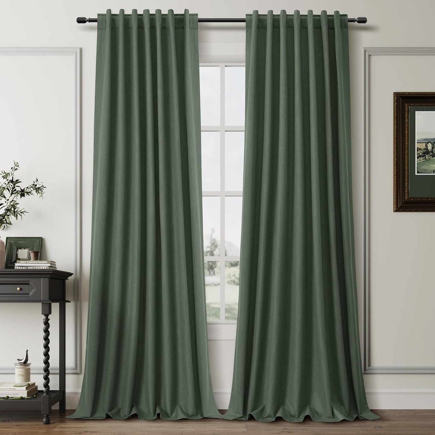BOODII Room Darkening Curtains 120 Inch Thermal Insulated Black Out Linen Drapes Extra Long Blackout Curtains for Patio Door Large Window Ceiling to Floor Light Blocking Loden Olive Green 52x120