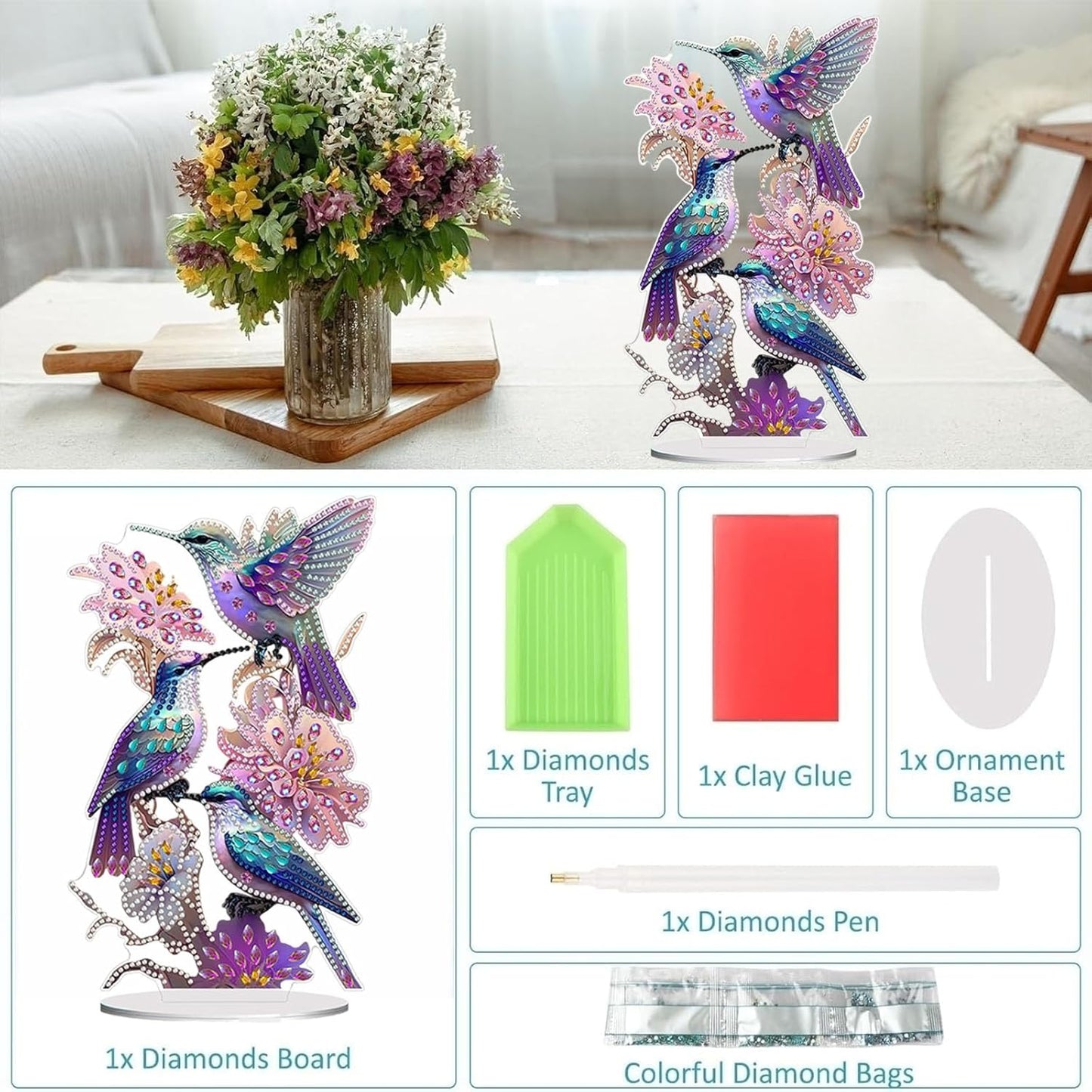 Diamond Painting Kits for Adults Beginners, 5D Full Drill Hummingbird Crystal Art Desktop Ornament, DIY Single Sided Home Office Desk Decor, Creative Craft Gift Set with Tools