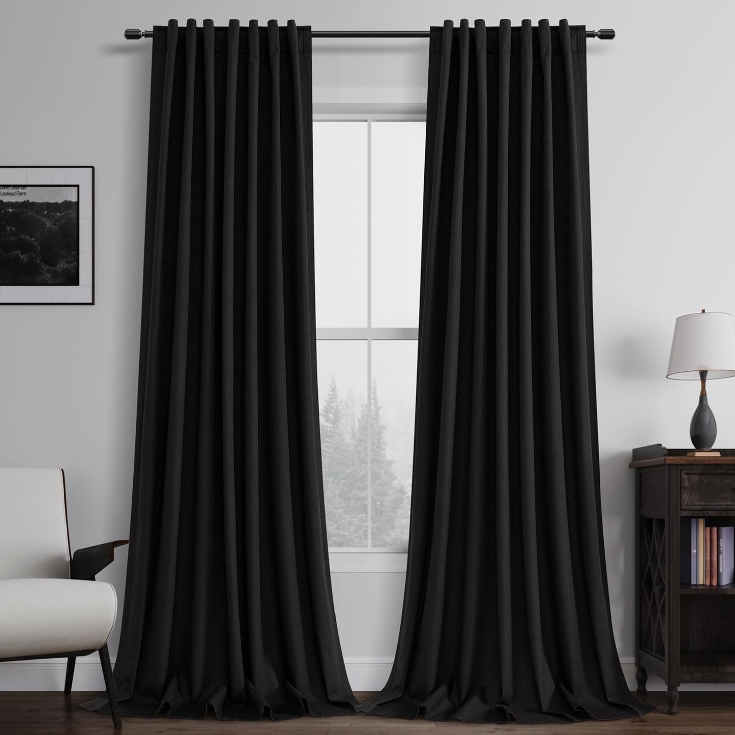 BOODII 108 Inch Black Out Curtains 2 Panels Set Back Tab Thermal Insulated Black Linen Textured Blackout Curtains Noise Reducing for Farmhouse Living Room Darkening Window Drapes 52x108
