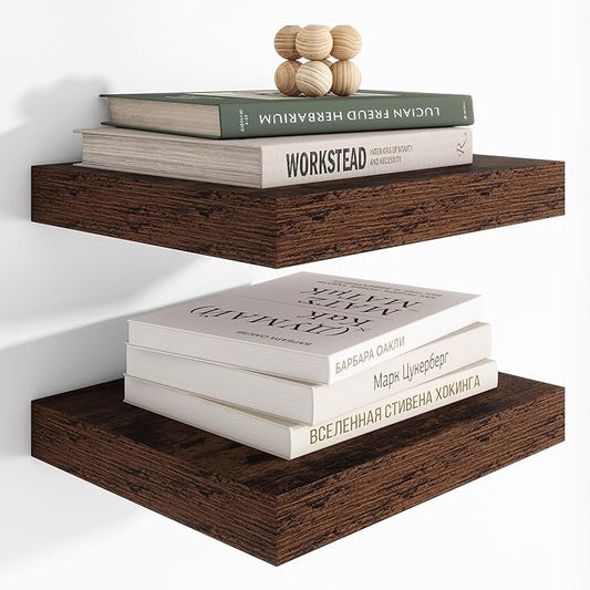 Heimlove 12 Inch Deep Floating Shelves, 12 x 12 inches Long Wall Shelf, Large Extra Display Shelf & Storage Shelf, Rustic Wood Wall Shelves for Fireplace Mantel, Brown - 2Pack