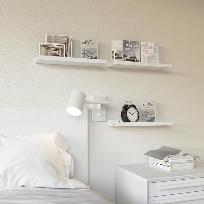 RICHER HOUSE 3 Set White Floating Shelves, Wall Mounted White Shelves for Wall Decor, Picture Ledge Shelf with Lip for Wall Storage Nursery, Bedroom, Living Room, Bathroom - White