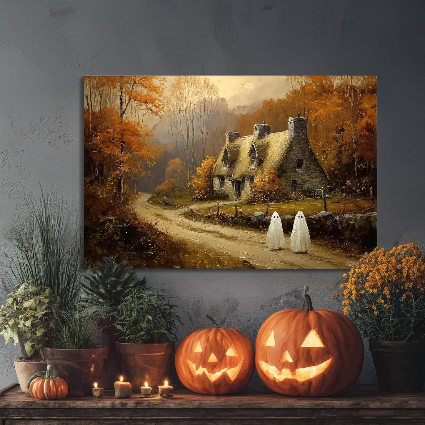 Laoife Halloween Canvas Wall Art, Vintage Spooky Farmhouse Autumn Rustic Landscape Wall Decoration, Ghost on Rural Roads for Living Room Bedroom Home Decor (Ghost 2)