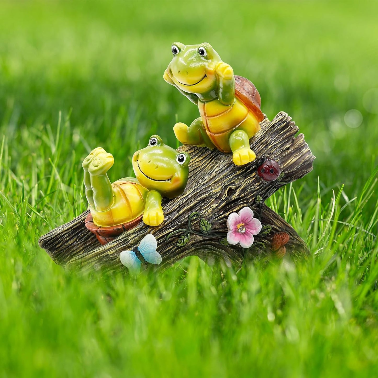 Garden Turtle Figurines Outdoor Decorations, Solar Statue Sweet Frog Face Turtles Decor with 4 LED Lights, Unique Garden Art Resin Statue Gifts for Patio Lawn Porch Yard