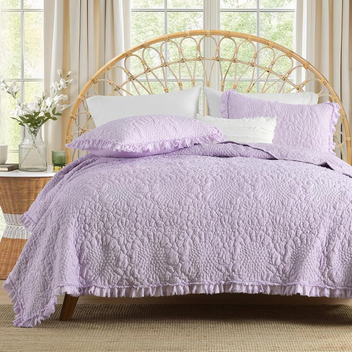 HORIMOTE HOME Lavender Ruffled Quilt Twin Size, Stone-Washed Microfiber Lightweight Crinkled Farmhouse Rustic Shabby Chic Bedding Set, 2 Pieces Reversible Bedspread with Pillow Sham for All Season