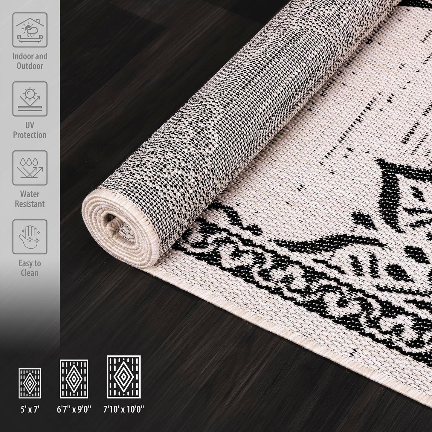 CAMILSON Outdoor Rug, 5x7 Medallion White Black Modern Area Rugs for Indoor and Outdoor Patios, Kitchen and Hallway Mats, Washable Porch Deck Outside Carpet (Medallion White, 5 x 7)