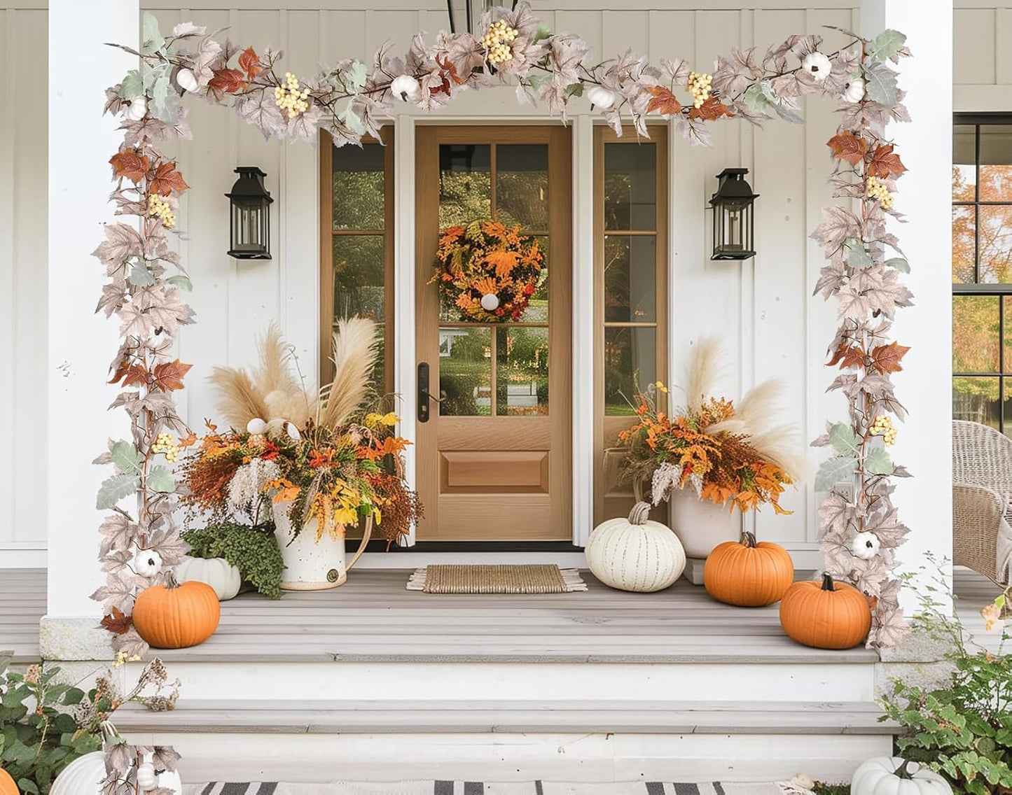DearHouse Pumpkin Fall Maple Leaf Garland, 6Ft Hanging Vine White Maple Garland Artificial Autumn Foliage Thanksgiving Decor for Home Wedding Fireplace Party Christmas