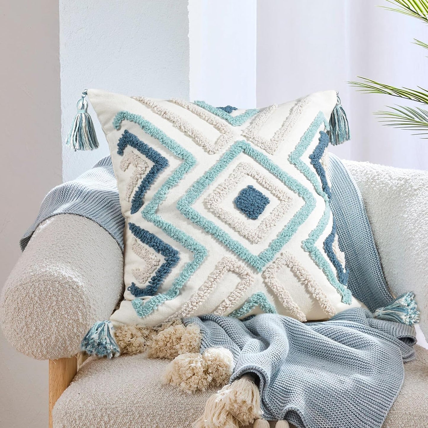 Boho Pillow Covers 18X18 Inch Boho Tufted Throw Pillow Covers Decorative Tassels Cushion Cover Farmhouse Pillow Case for Couch Sofa Bed Living Room Bedroom, Teal
