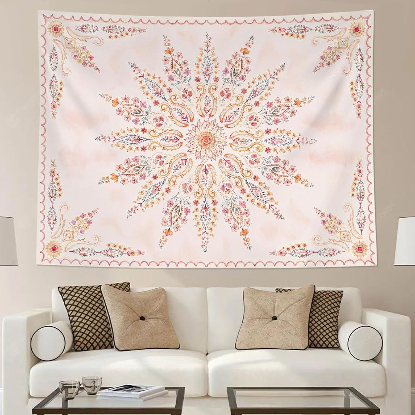 Fowocu Boho Floral Mandala Tapestry for Bedroom Aesthetic Pink Bohemian Flower Wall Tapestry Watercolor Hippie Indian Small Tapestries Wall Hanging for Living Room Dorm Decor 48 x 36 Inch